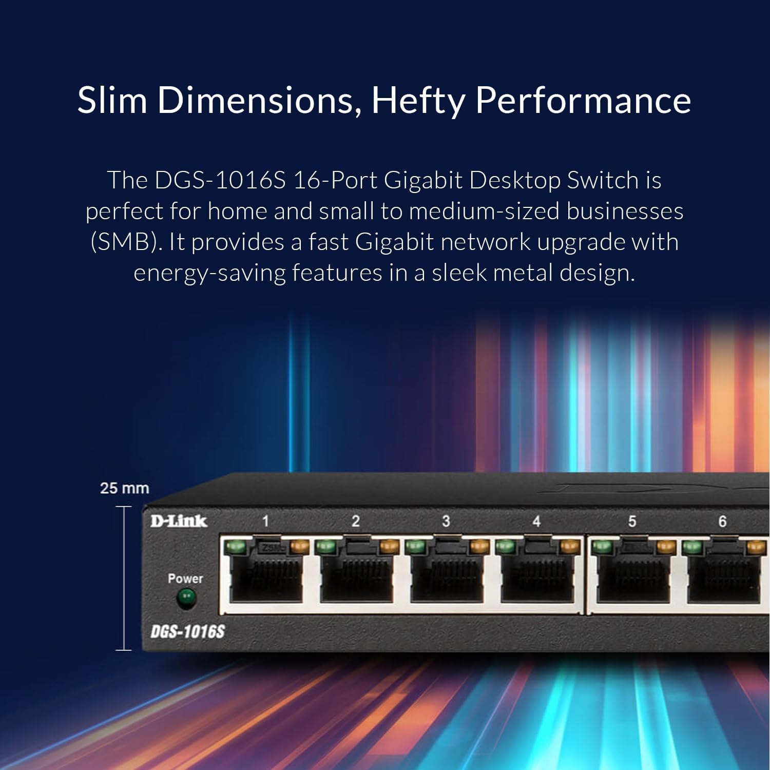 D-Link Ethernet Switch, 16 Port Gigabit Slim Switch Plug and Play, Unmanaged, Metal Housing, Quiet Fanless Design