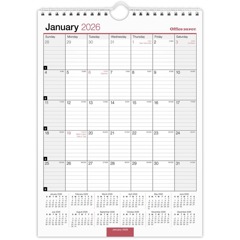 Office Depot Brand Monthly Wall Calendar, 8" x 11", White, January 2026 to December 2026, OD30132826