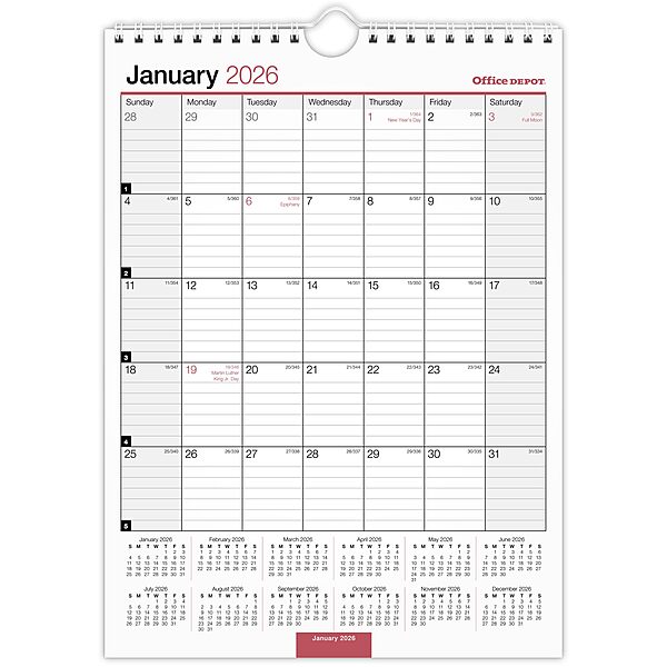 Office Depot Brand Monthly Wall Calendar, 8" x 11", White, January 2026 to December 2026, OD30132826