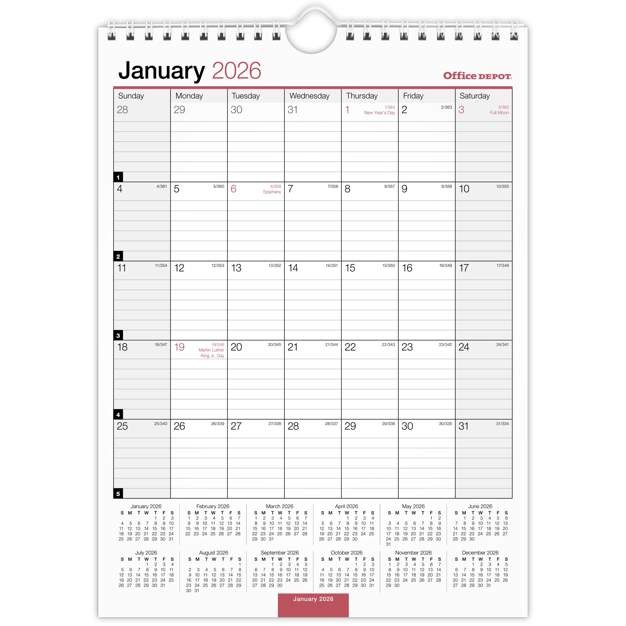 Office Depot Brand Monthly Wall Calendar, 8" x 11", White, January 2026 to December 2026, OD30132826
