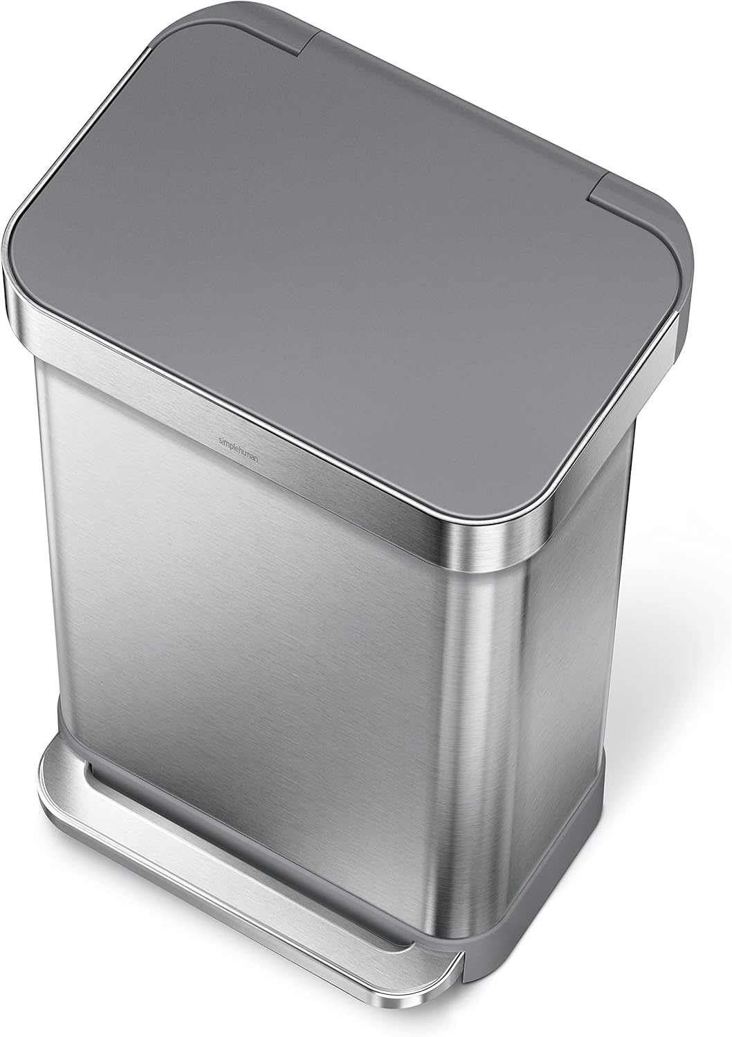 simplehuman 45 Liter / 12 Gallon Liter Rectangular Hands-Free Kitchen Step Trash Can with Soft-Close Lid, Brushed Stainless Steel with Plastic Lid Gray Plastic Lid 45 Liter