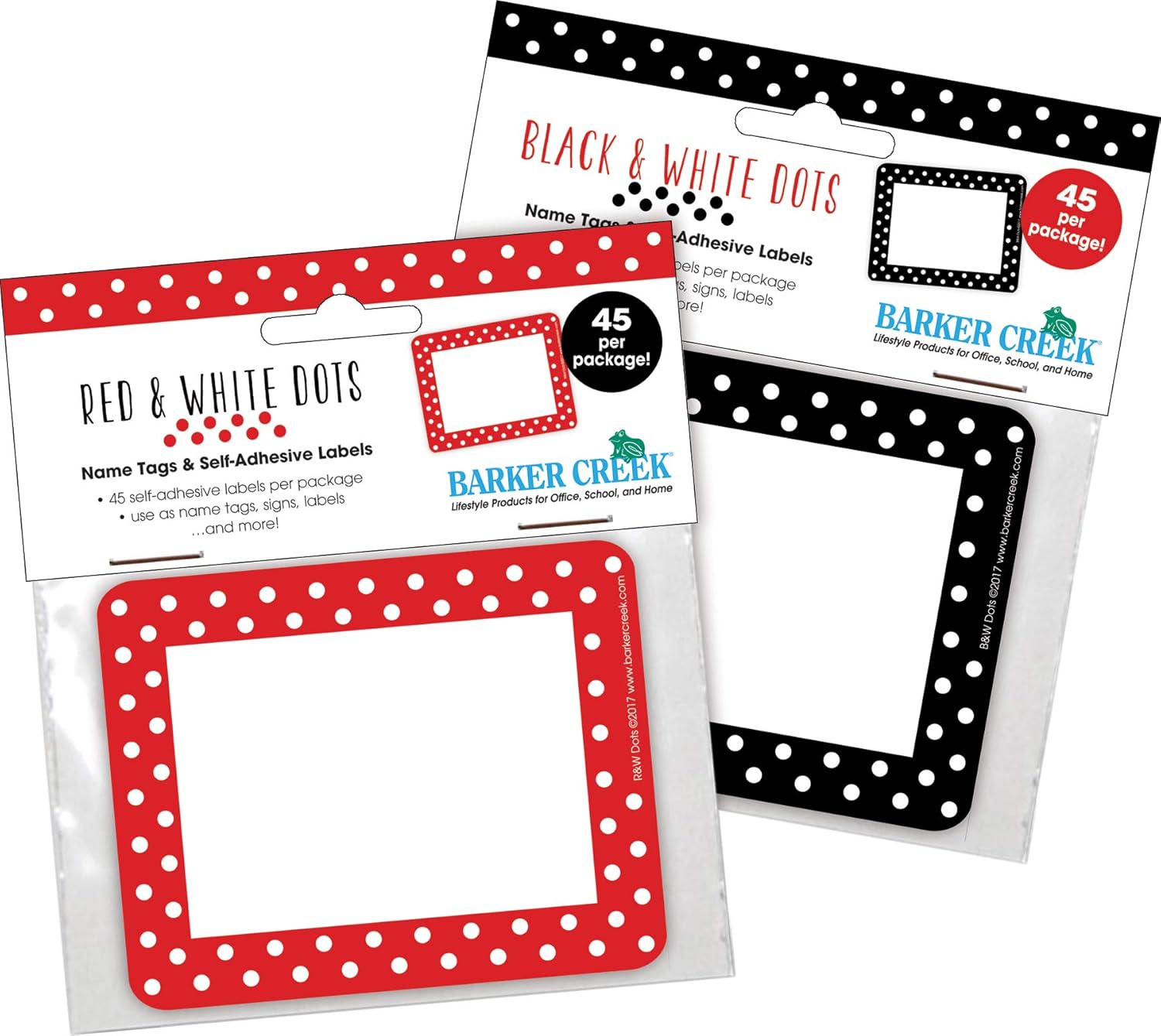 Barker Creek Name Badges & Self-Adhesive Label Set, Dots, Multi-Design Set, 45 Each of 2 Designs for Total of 90 Name Badges