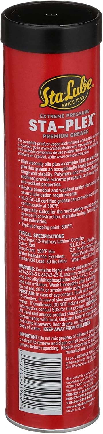 Sta-Lube Sta-Plex Extreme Pressure Premium Red Grease SL3190 – 14 Oz., Multi-Purpose Lithium Complex Grease Cartridge 14 Oz