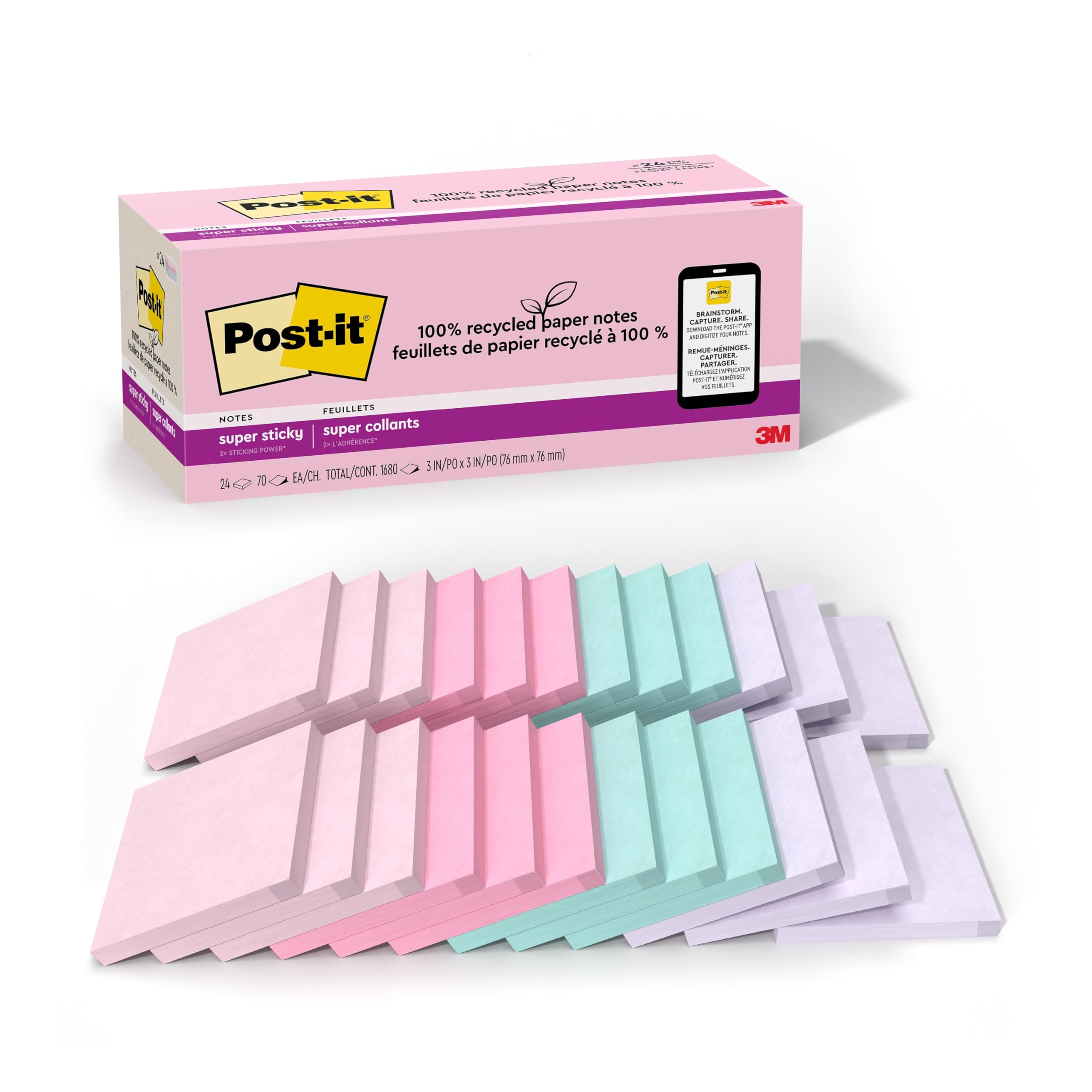 Post-it 100% Recycled Paper Super Sticky Notes, 3 in. x 3 in., 24 Pads/Pack, 70 Sheets/Pad