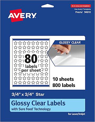 Avery Glossy Clear Star Labels, Sure Feed Technology, 0.75" x 0.75", 800 Glossy Clear Labels, Print-to-The-Edge, Laser/Inkjet Printable 800 labels