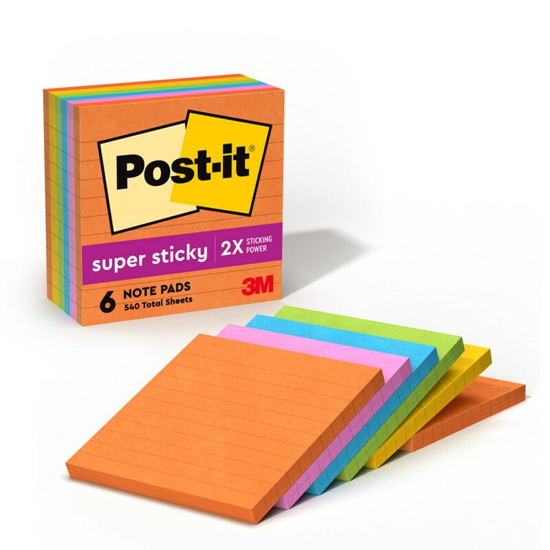 Post-it Super Sticky Lined Notes, 6 Sticky Note Pads, 4 x 4 in., School Supplies for Students, Ideal for Textbooks