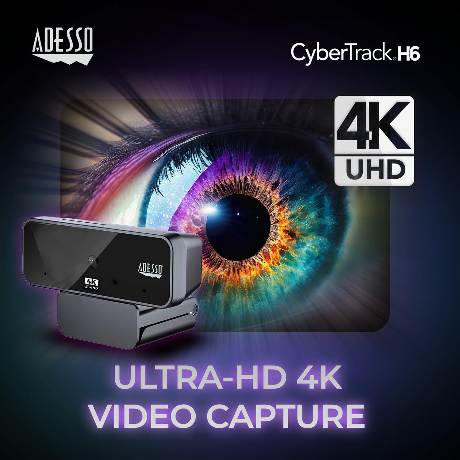 Cybertrack H6 4K Ultra HD USB Webcam with Built-in Dual Microphone & Privacy Shutter Cover, Black