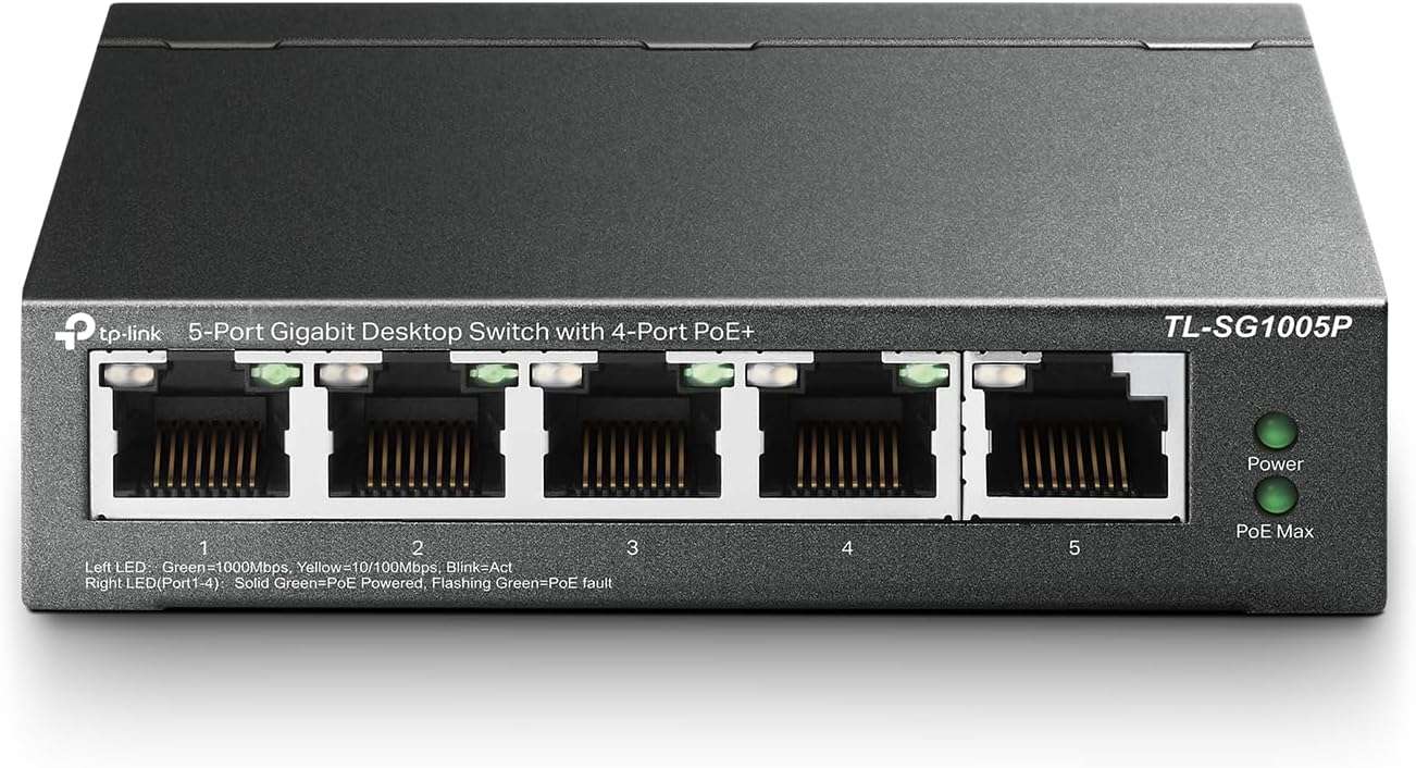 TP-Link TL-SG1005P, 5 Port Gigabit PoE Switch, 4 PoE+ Ports @65W, Desktop, Fanless