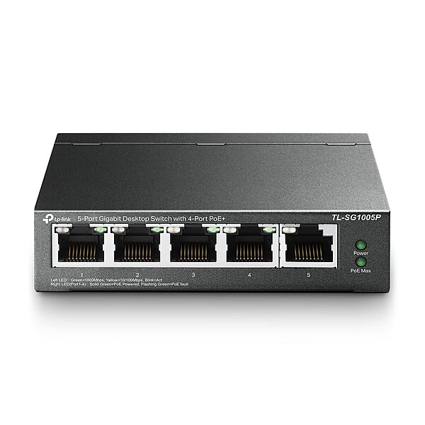 TP-Link TL-SG1005P, 5 Port Gigabit PoE Switch, 4 PoE+ Ports @65W, Desktop, Fanless
