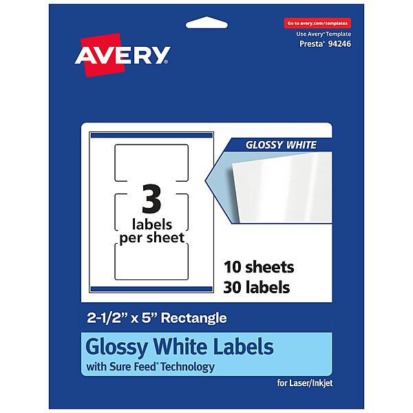 Avery Glossy White Rectangle Labels, Sure Feed Technology, 2.5" x 5", Print-to-The-Edge, Permanent Adhesive, Laser/Inkjet Printable