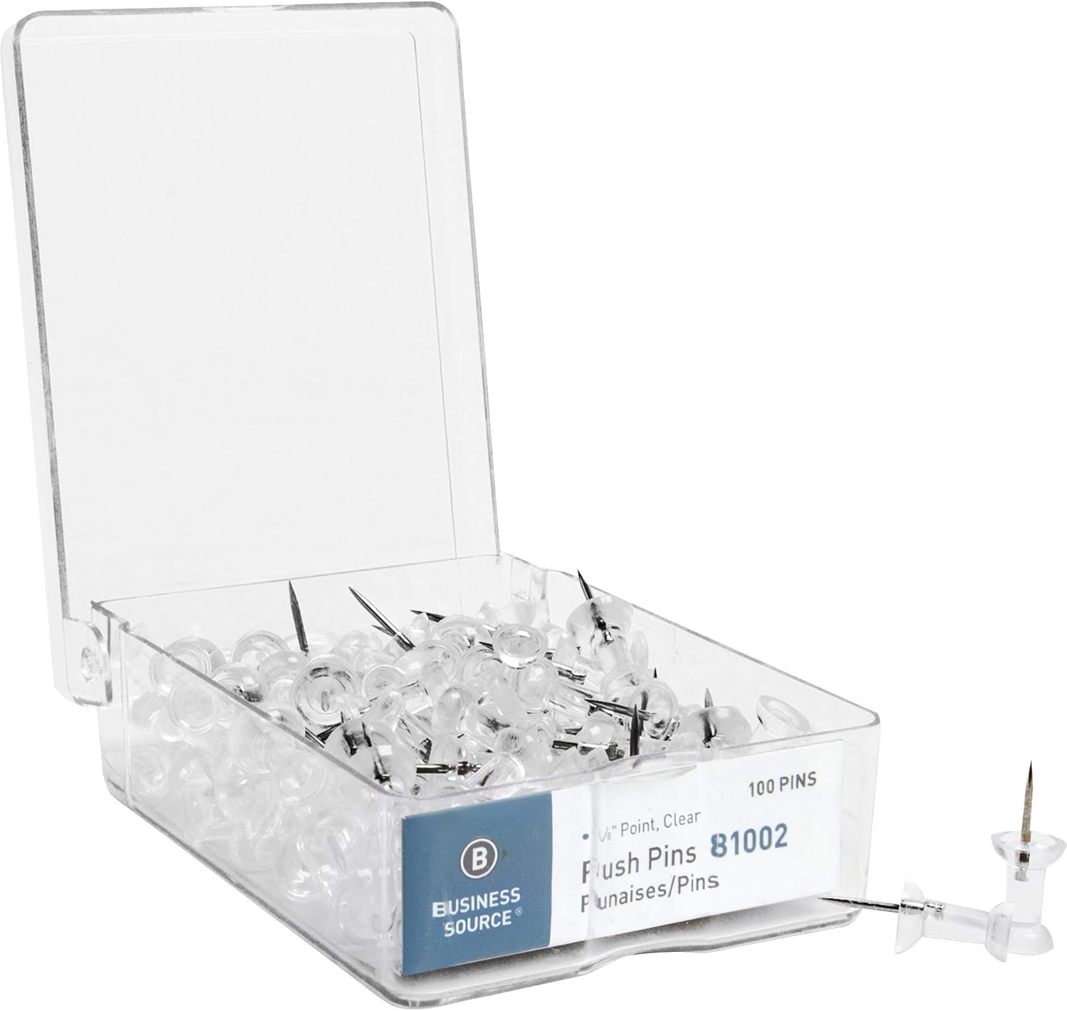 Business Source 1/2" Head Push Pins, Clear - Box of 100