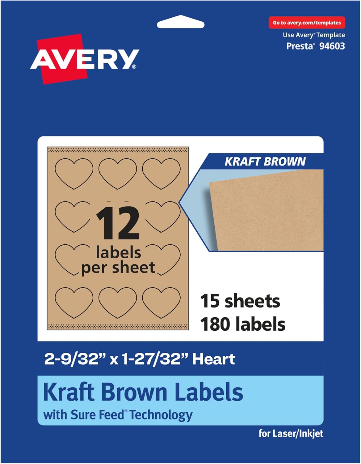 Avery Kraft Brown Heart Labels, Sure Feed Technology, 2-9/32" x 1-27/32", 180 Kraft Brown Labels, Print-to-The-Edge