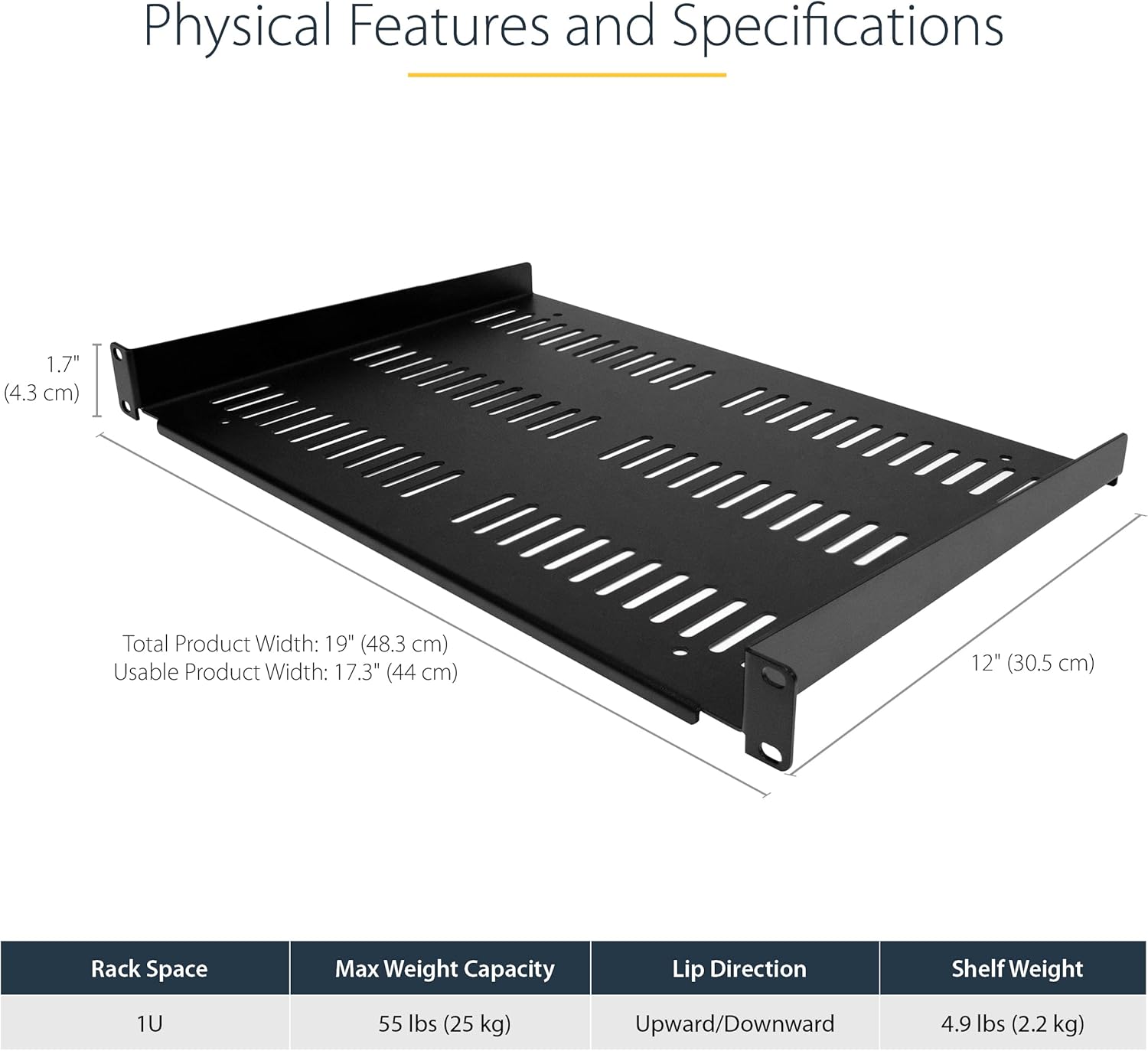 StarTech.com 1U Server Rack Shelf - Universal Vented Rack Mount Cantilever Tray for 19" Network Equipment Rack & Cabinet