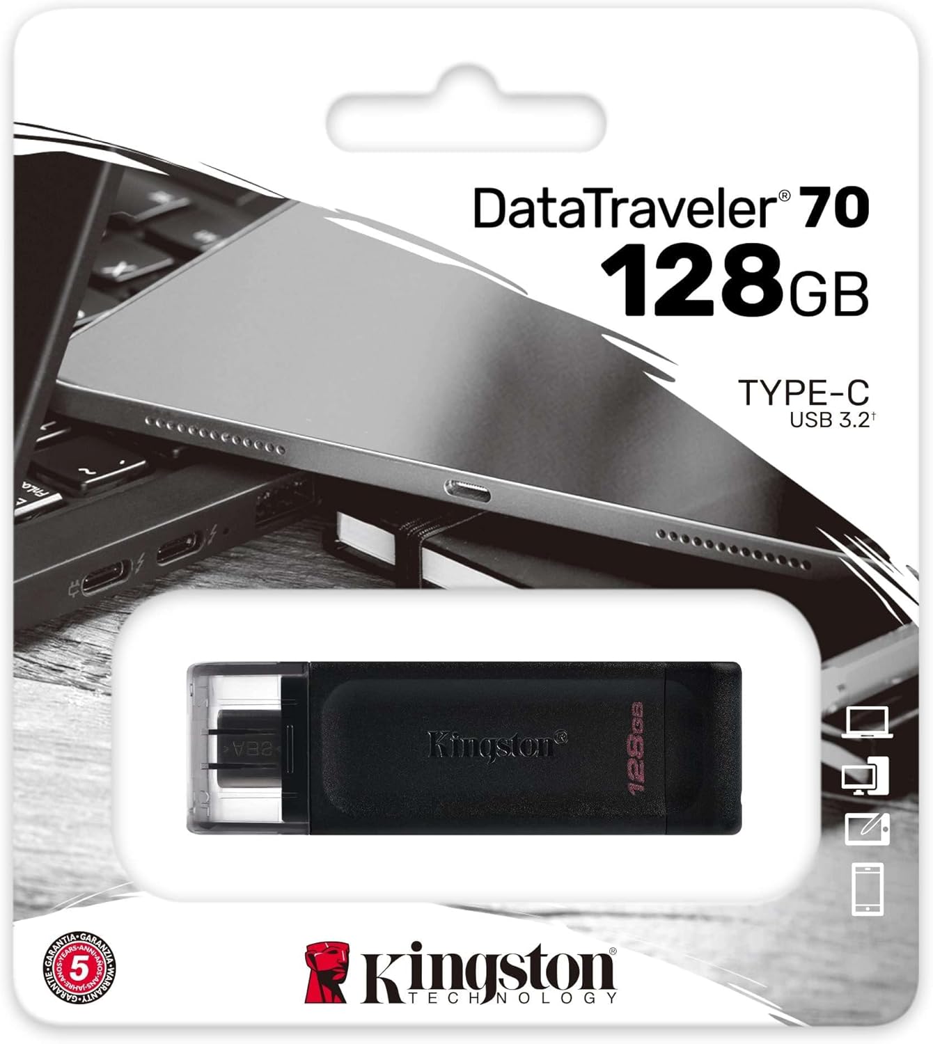 Kingston DataTraveler 70 128GB Portable and Lightweight USB-C flashdrive with USB 3.2 Gen 1 speeds DT70/128GB, Black