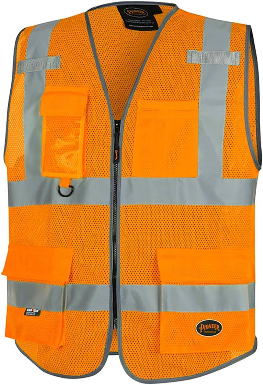 PIONEER Hi-Vis Reflective Mesh Safety Vest with 9 Pockets and Zipper