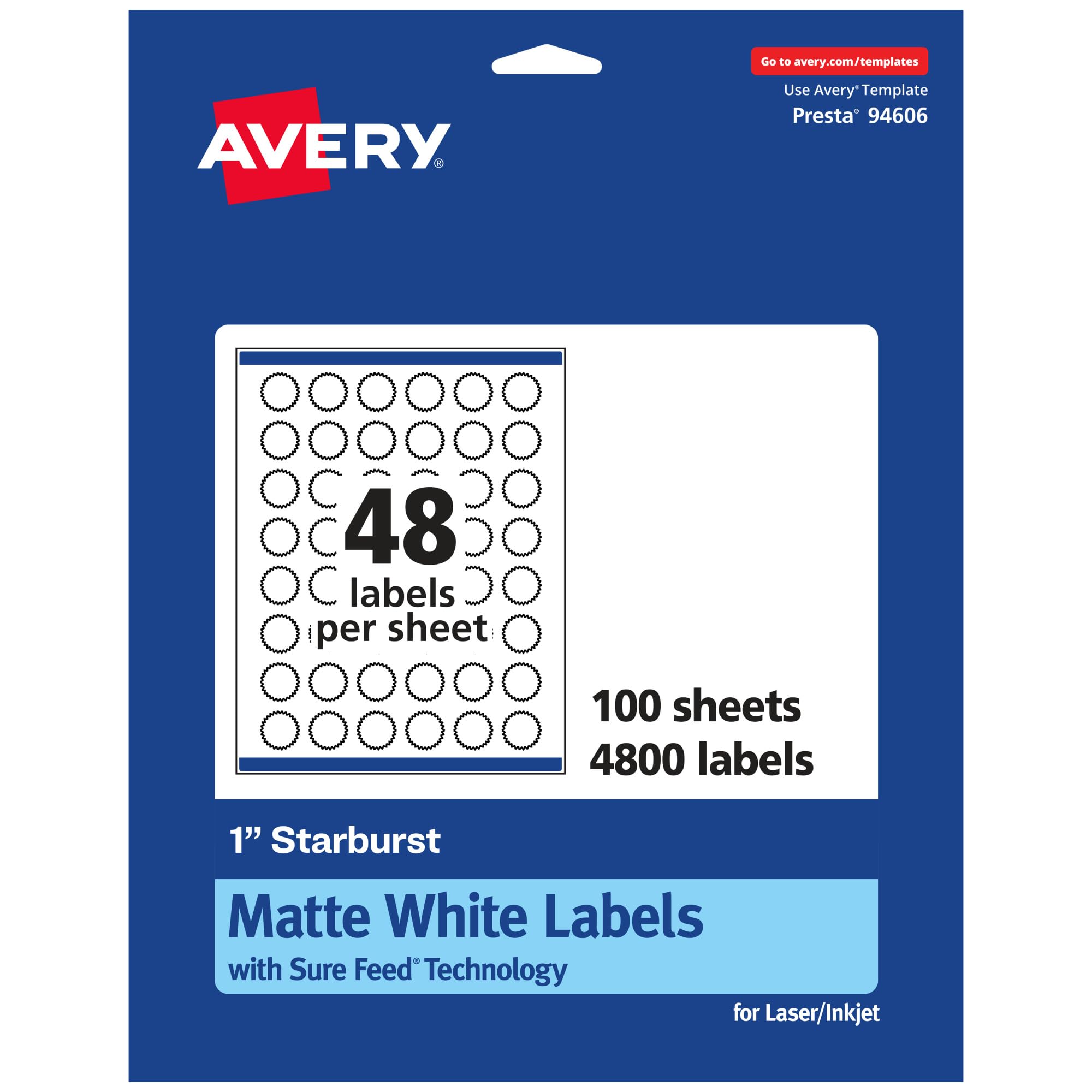 Avery Matte White Starburst Labels, Sure Feed Technology, 1"