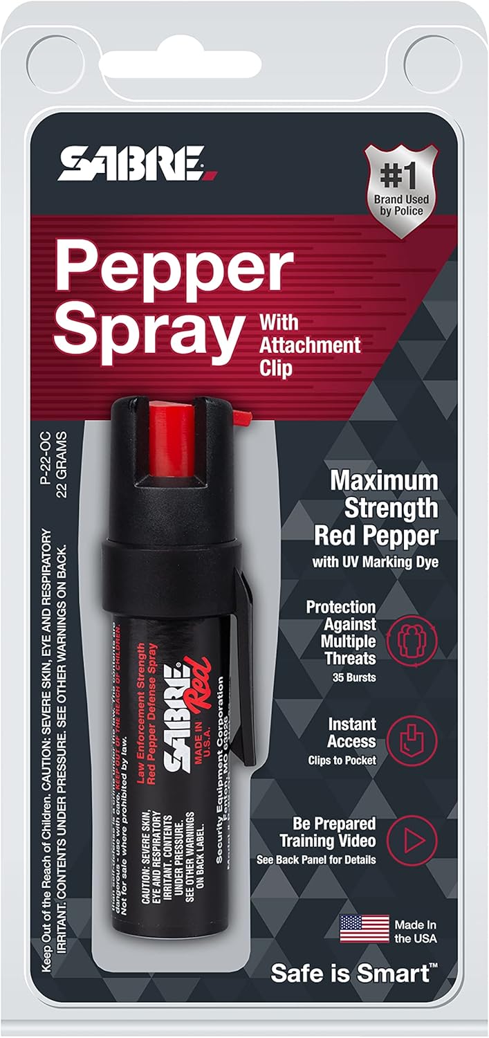 SABRE RED Compact Pepper Spray, Max Police Strength OC Spray with UV Dye, Compact Belt Clip For Easy Carry & Fast Access