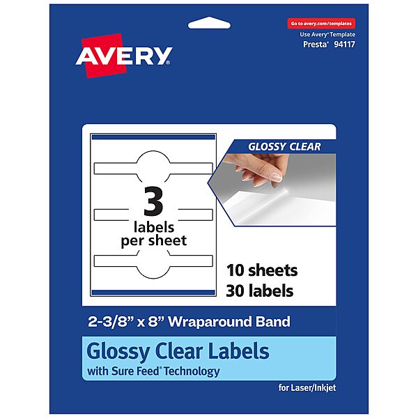Avery Glossy Clear Wraparound Band Labels, Sure Feed Technology, 2-3/8" x 8"