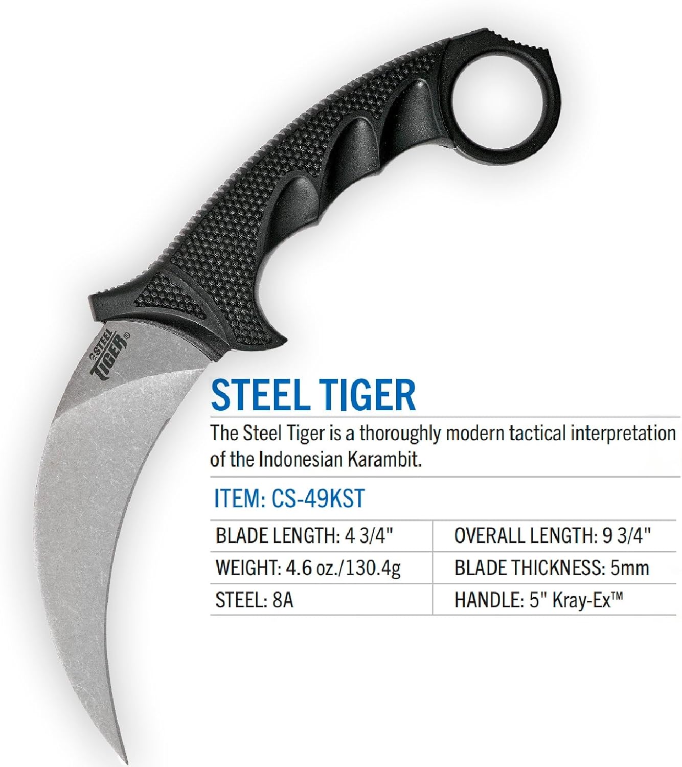 Cold Steel Steel Tiger 4.75'' Japanese Aus8A Stainless Steel W/ Stonewashed Finish Karambit Shape Fixed Blade Tactical