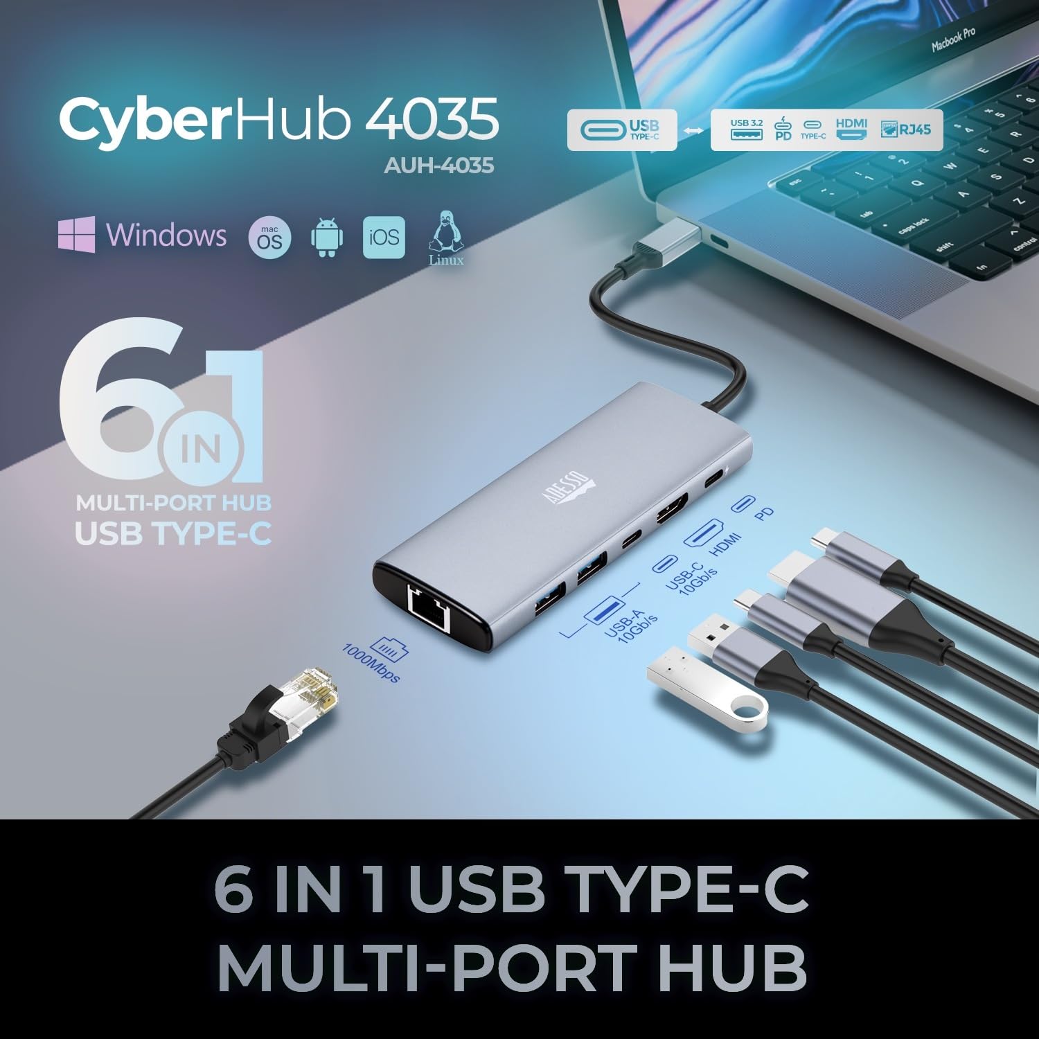 Adesso AUH-4035 7 in 1 Docking Station, Supports USB C to x1 4K HDMI, 3X USB-A 3.2, 1x PD, 1x Micro SD, 1x SD Card