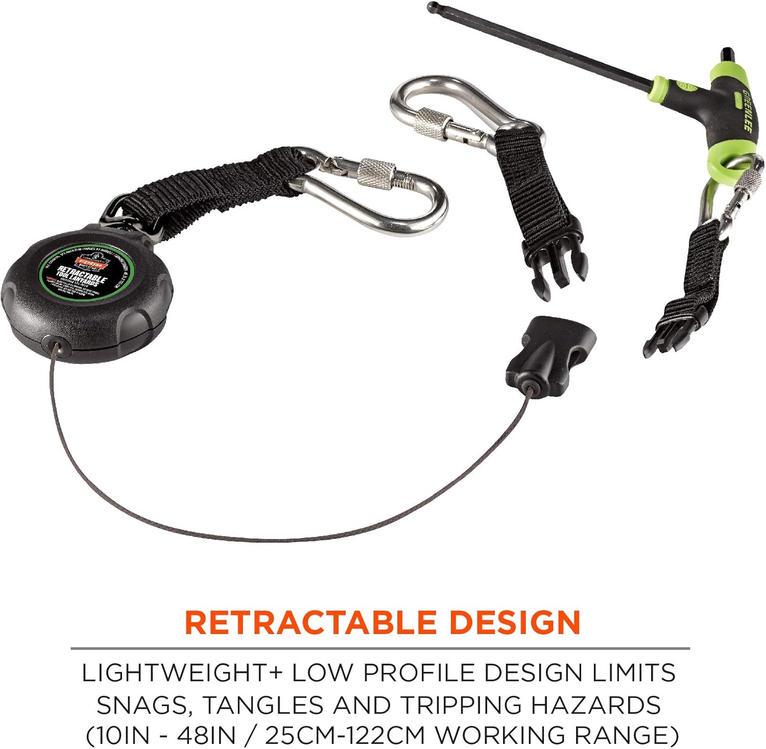 Ergodyne - 19300 Squids 3000 Retractable Lanyard with Carabiner Mount and Attachment End, Tool Weight Capacity 1 lbs,Black