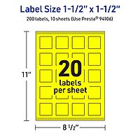 Avery Printable Square Labels, Sure Feed Technology, 1-1/2" x 1-1/2", Neon Yellow Labels, Print-to-The-Edge, Laser/Inkjet Printable, 200 Total, Great for Jars and More 200 labels