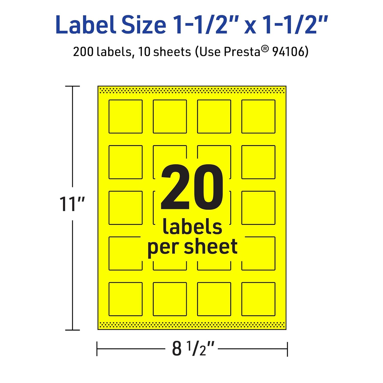 Avery Printable Square Labels, Sure Feed Technology, 1-1/2" x 1-1/2", Neon Yellow Labels, Print-to-The-Edge