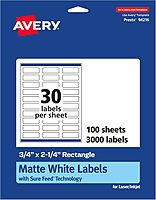 Avery Matte White Rectangle Labels, Sure Feed Technology, 0.75" x 2.25", Permanent Adhesive, Laser/Inkjet Printable