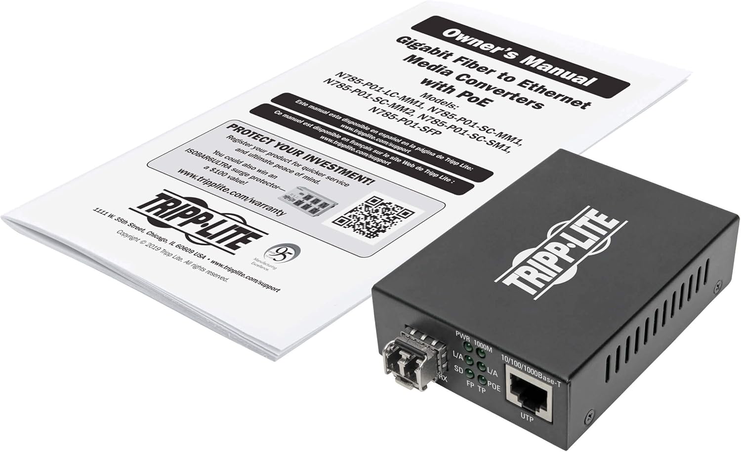 Tripp Lite Multimode Fiber Media Converter, Fiber to Ethernet Converter, Gigabit, POE+, 10/100/1000 LC, 850 nm
