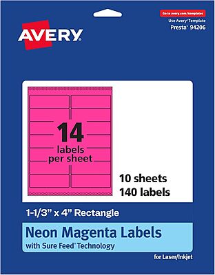 Avery Printable Rectangle Labels, Sure Feed Technology, 1-1/3" x 4", Neon Magenta Labels, Laser/Inkjet Printable, 140 Total