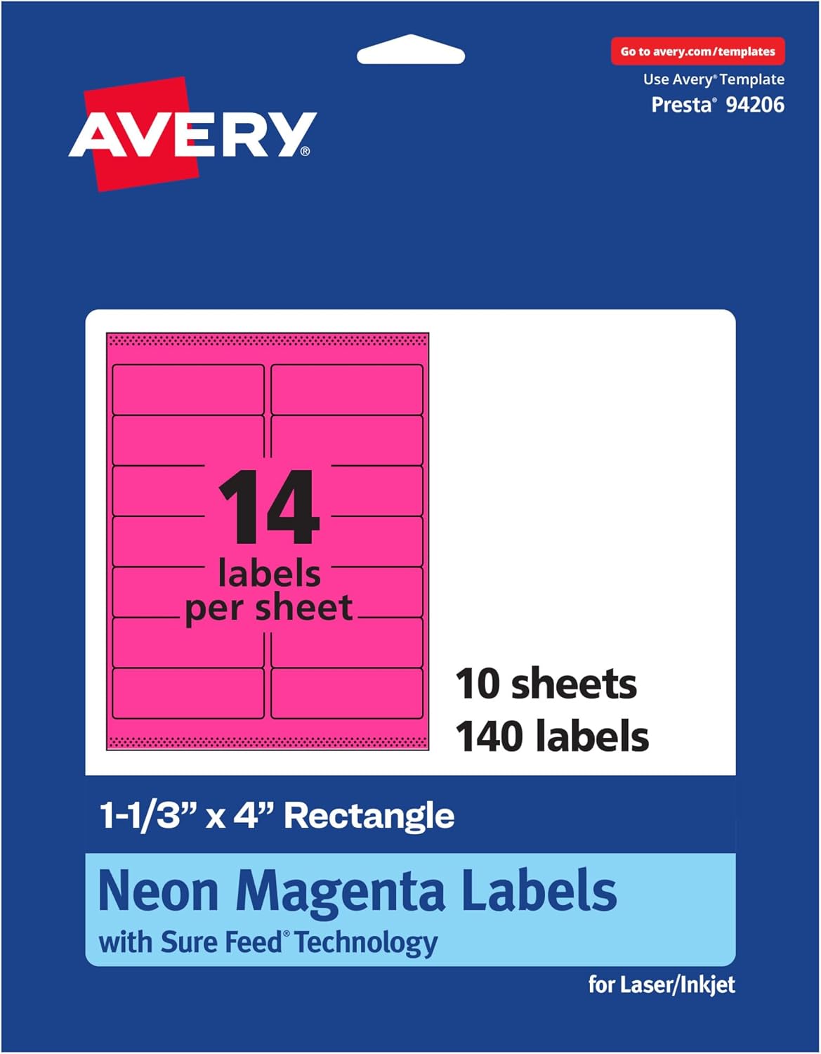 Avery Printable Rectangle Labels, Sure Feed Technology, 1-1/3" x 4", Neon Magenta Labels, Laser/Inkjet Printable, 140 Total