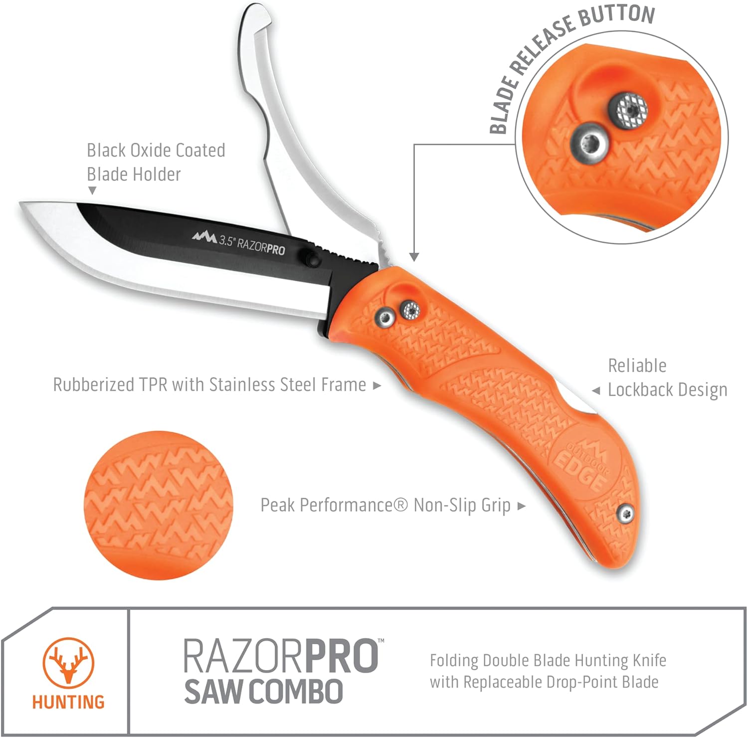 OUTDOOR EDGE RazorPro 3.5" Folding Knife with RazorSafe Replaceable Blade & Saw