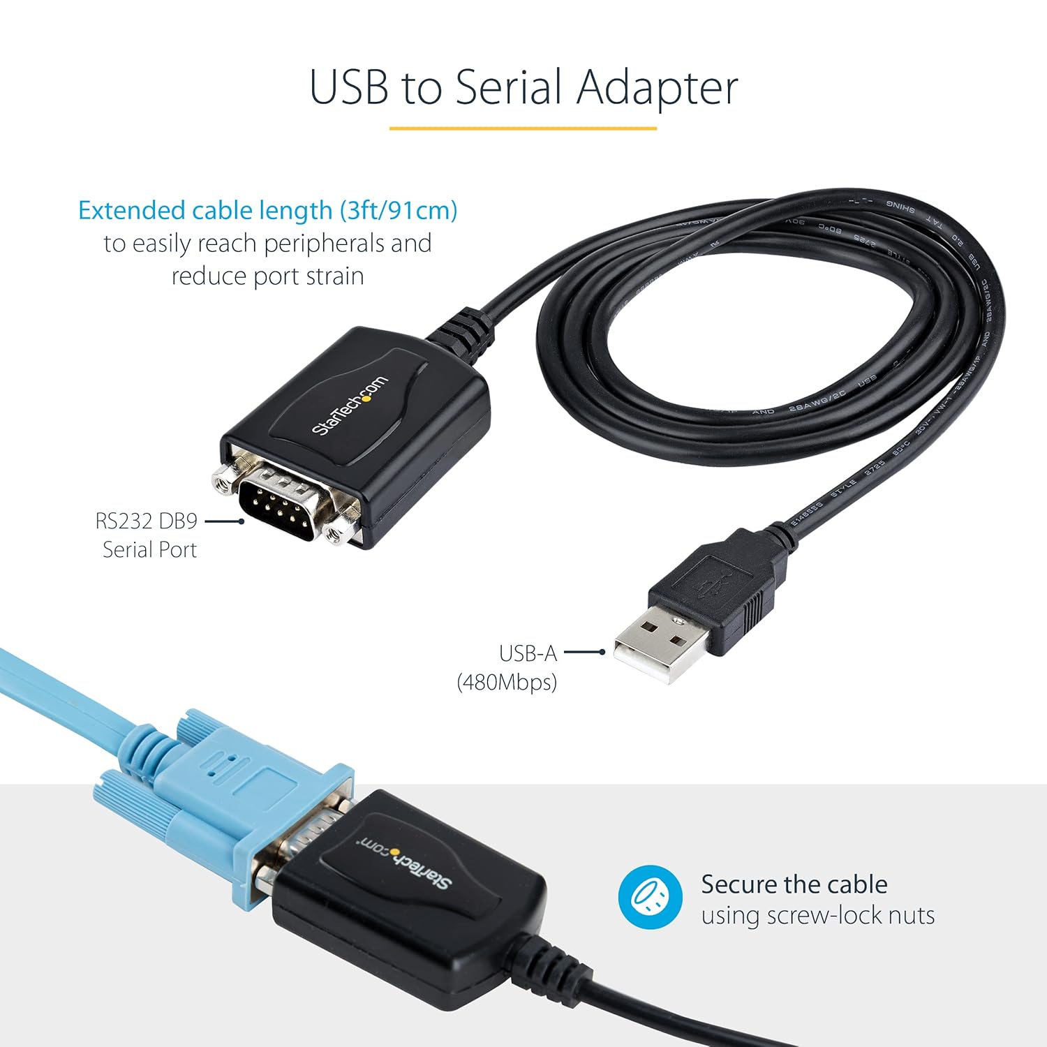 StarTech.com 3ft (1m) USB to Serial Cable with COM Port Retention, DB9 Male RS232 to USB Converter