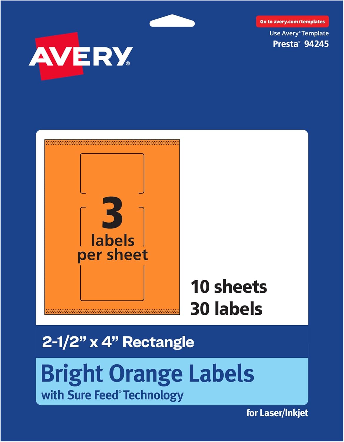 Avery Printable Rectangle Labels, Sure Feed Technology, 2-1/2" x 4", Bright Orange, Print-to-The-Edge, Laser/Inkjet Printable