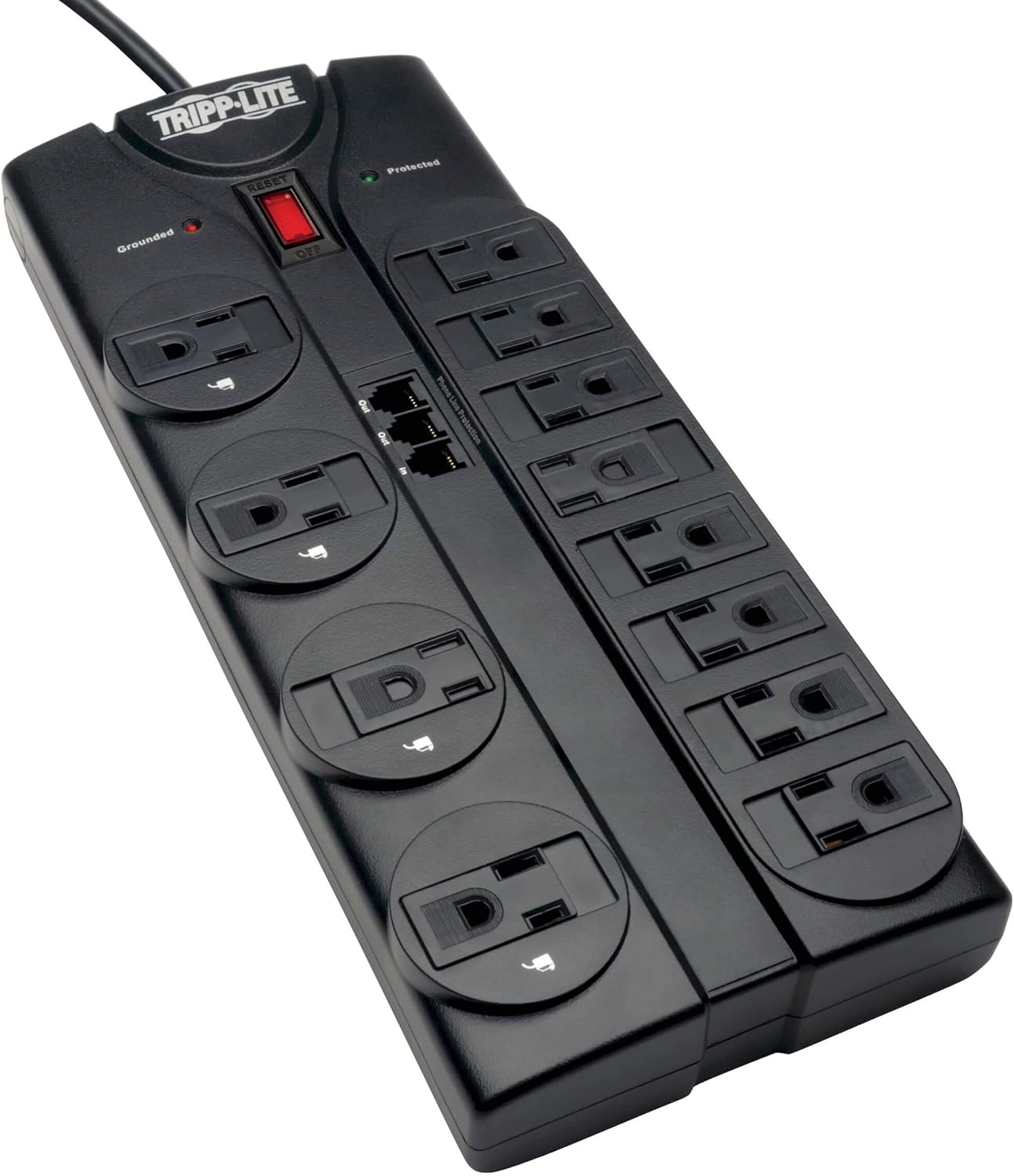 TRIPP LITE 12-Outlet Surge Protector Power Strip with Tel/Modem Protection, 8 ft Right-Angle Cord