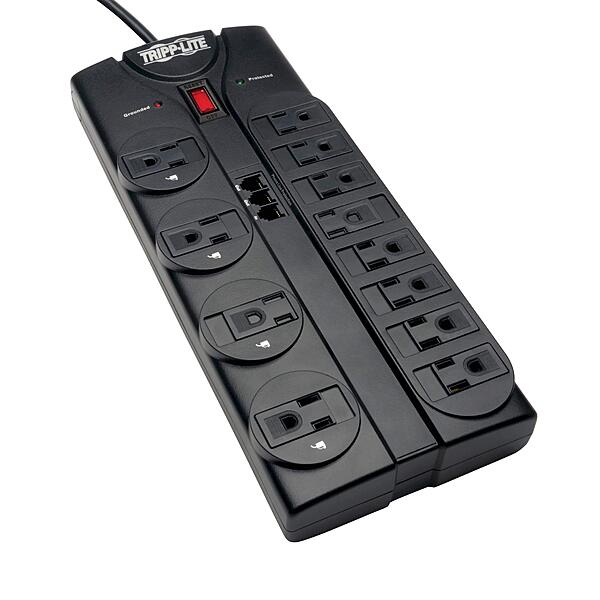 TRIPP LITE 12-Outlet Surge Protector Power Strip with Tel/Modem Protection, 8 ft Right-Angle Cord