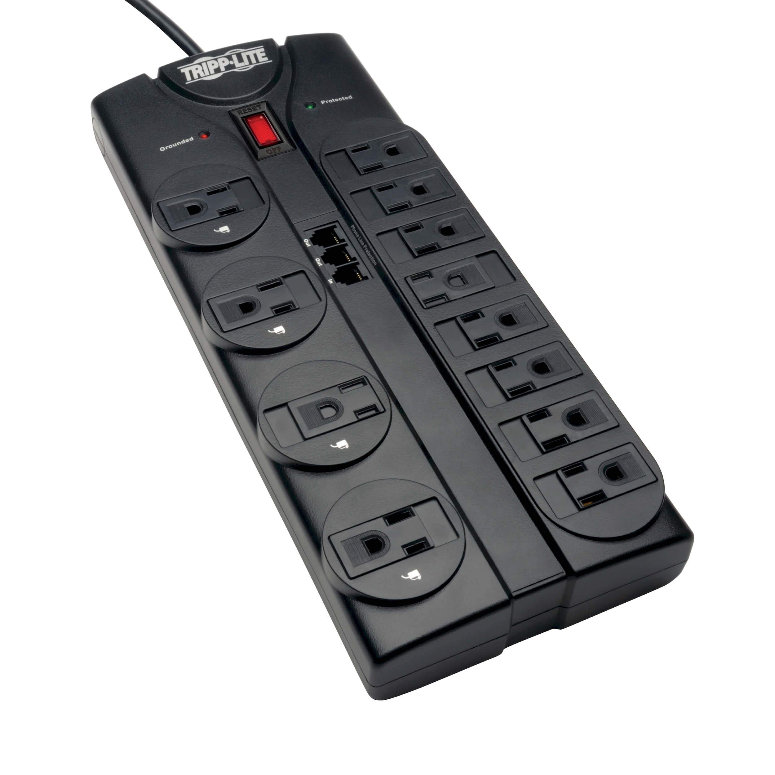 TRIPP LITE 12-Outlet Surge Protector Power Strip with Tel/Modem Protection, 8 ft Right-Angle Cord
