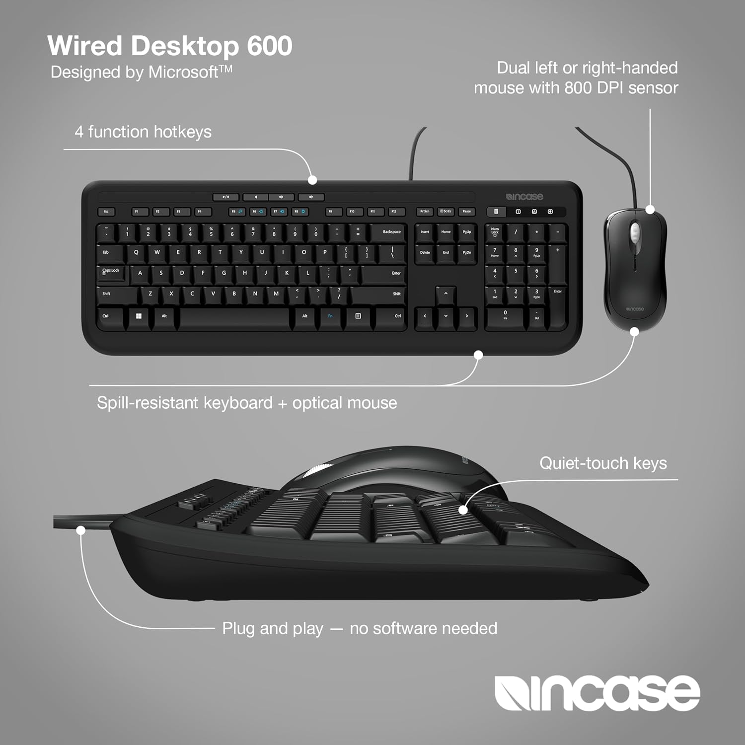 Incase Wired Desktop 600 Keyboard & Mouse Combo – Designed by Microsoft – Four Hot Keys, Spill-Resistant Keyboard