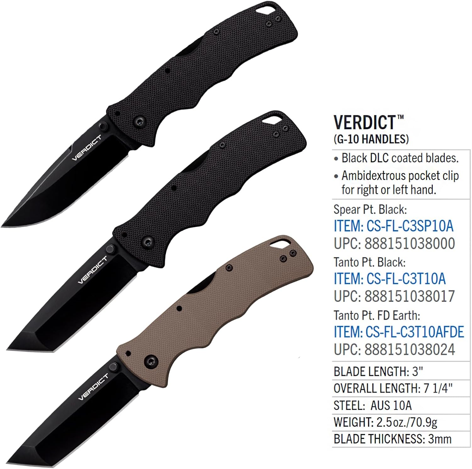 Cold Steel Verdict 3" AUS10A G-10 Handle Folding Knife with Tri-Ad Lock