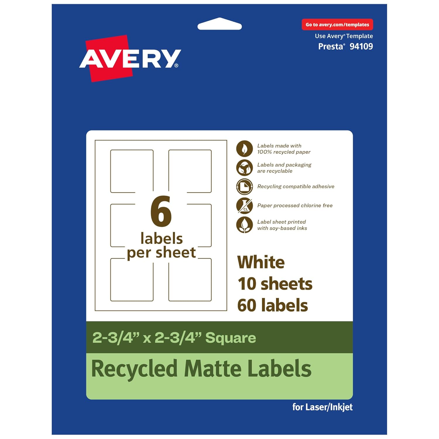 Avery EcoFriendly Matte White Recycled Square Labels, 2.75" x 2.75"