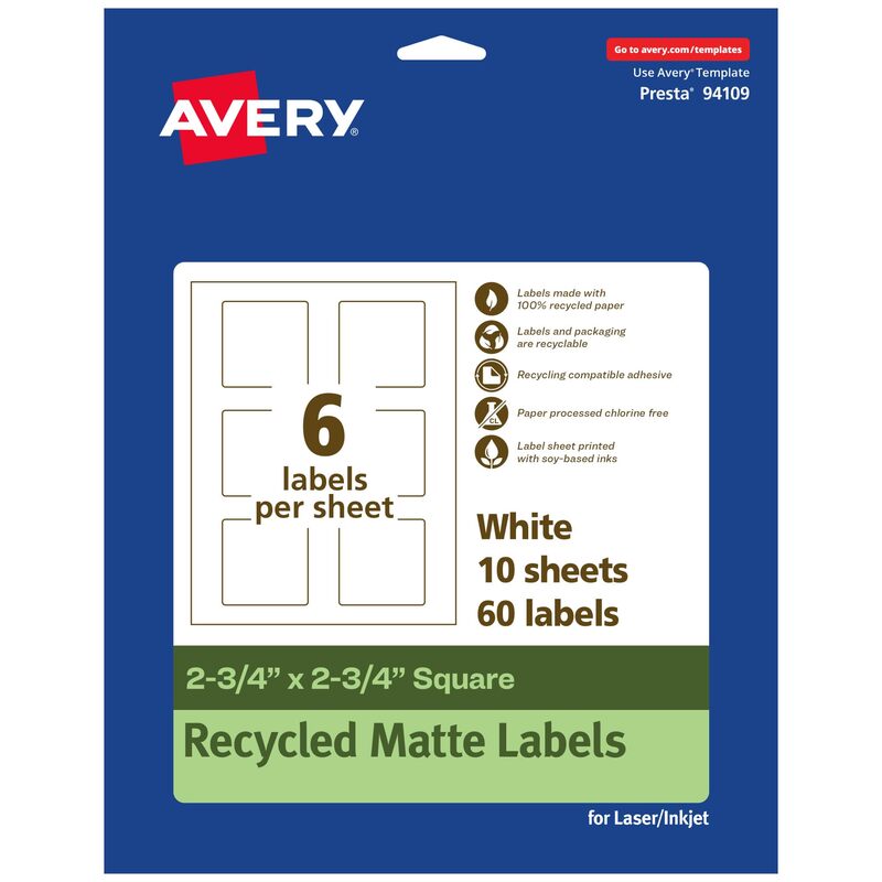 Avery EcoFriendly Matte White Recycled Square Labels, 2.75" x 2.75"