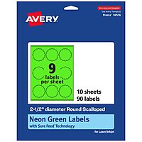 Avery Printable Round Scalloped Labels, Sure Feed Technology, 2.5" Diameter, Neon Green, Print-to-The-Edge
