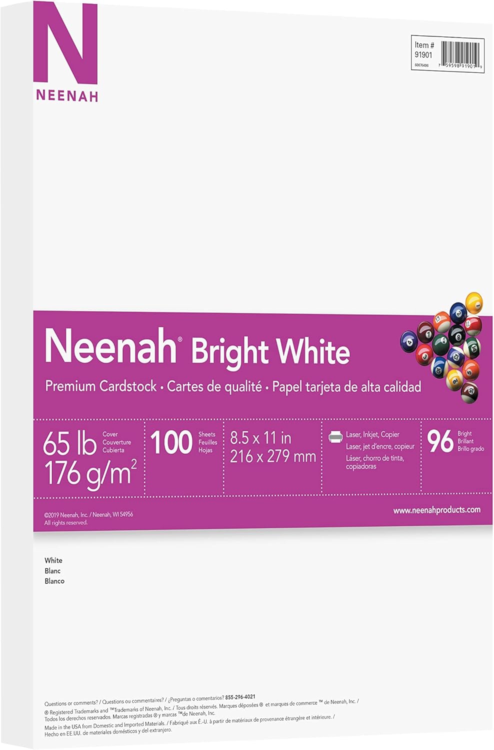 Neenah Printable Multi-Purpose Card Stock, Bright White, Letter 8.5 x 11, 65 lb, 100 Sheets