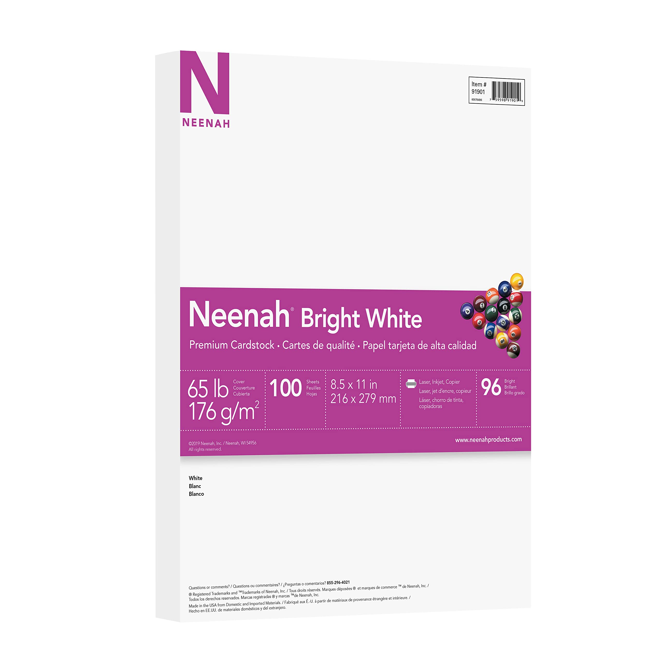 Neenah Printable Multi-Purpose Card Stock, Bright White, Letter 8.5 x 11, 65 lb, 100 Sheets