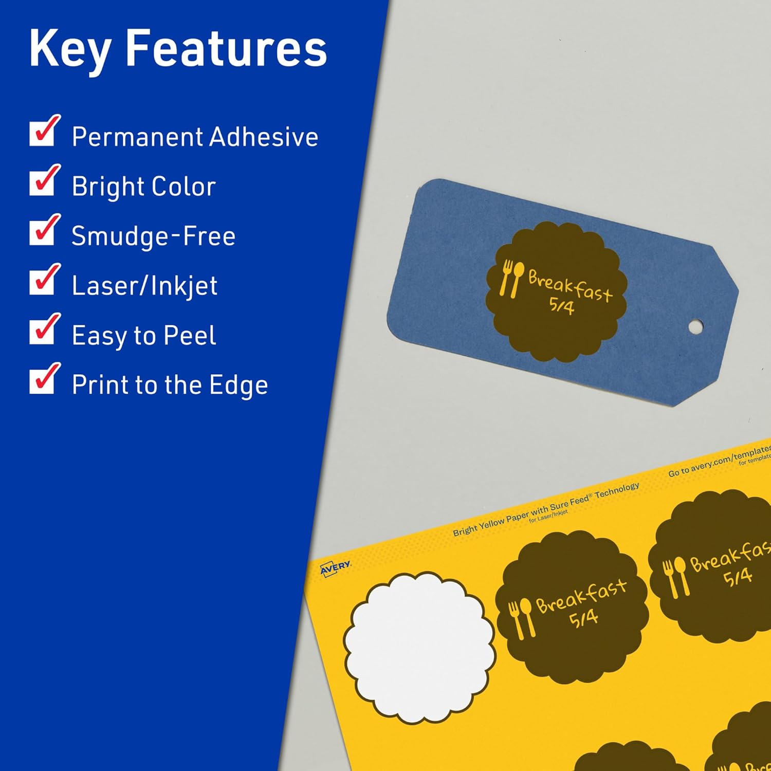 Avery Printable Round Scalloped Labels, Sure Feed Technology, 2.5" Diameter, Bright Yellow Labels, Print-to-The-Edge