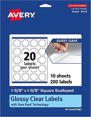 Avery Glossy Clear Square Scalloped Labels, Sure Feed Technology, 1-5/8" x 1-5/8"