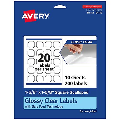 Avery Glossy Clear Square Scalloped Labels, Sure Feed Technology, 1-5/8" x 1-5/8"