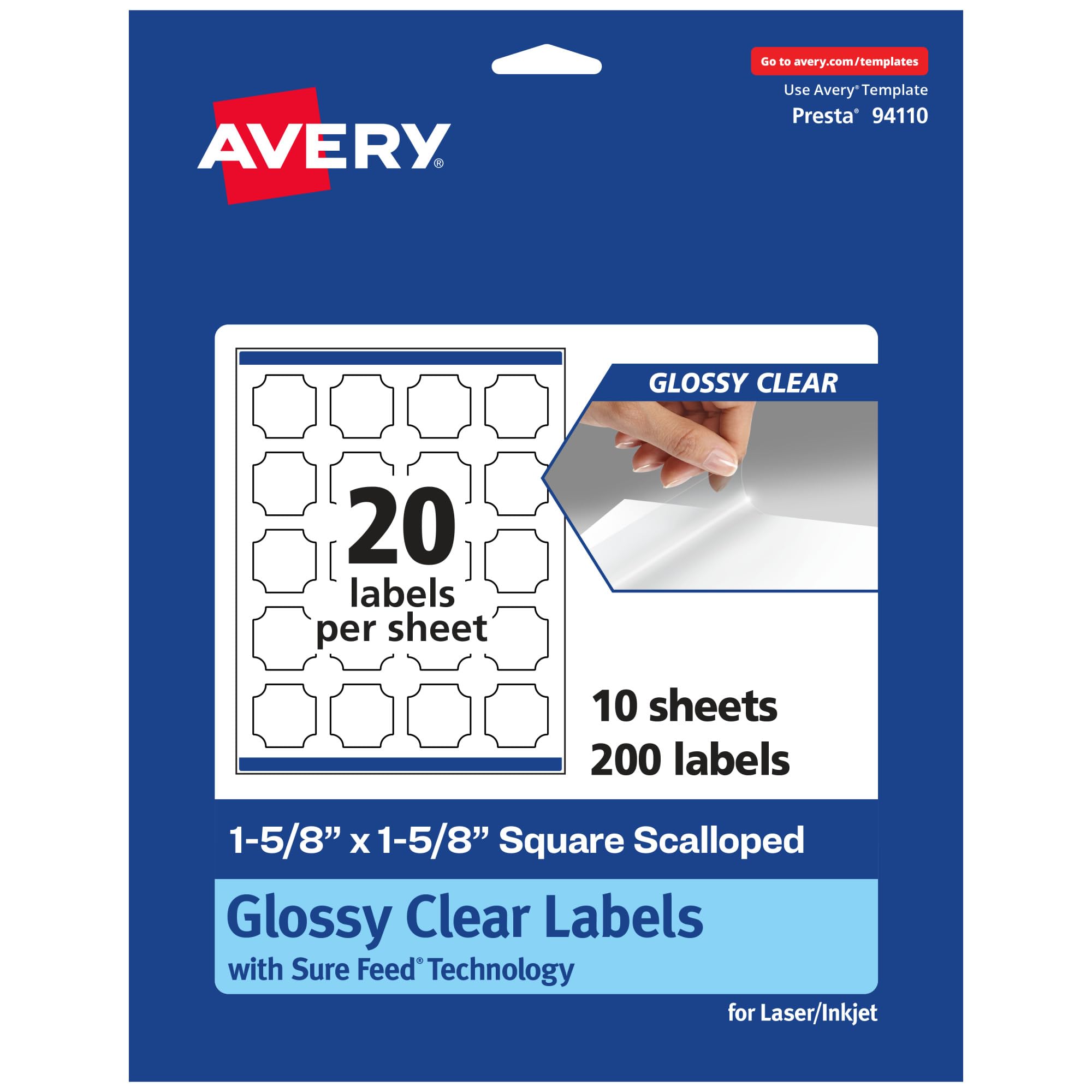 Avery Glossy Clear Square Scalloped Labels, Sure Feed Technology, 1-5/8" x 1-5/8"