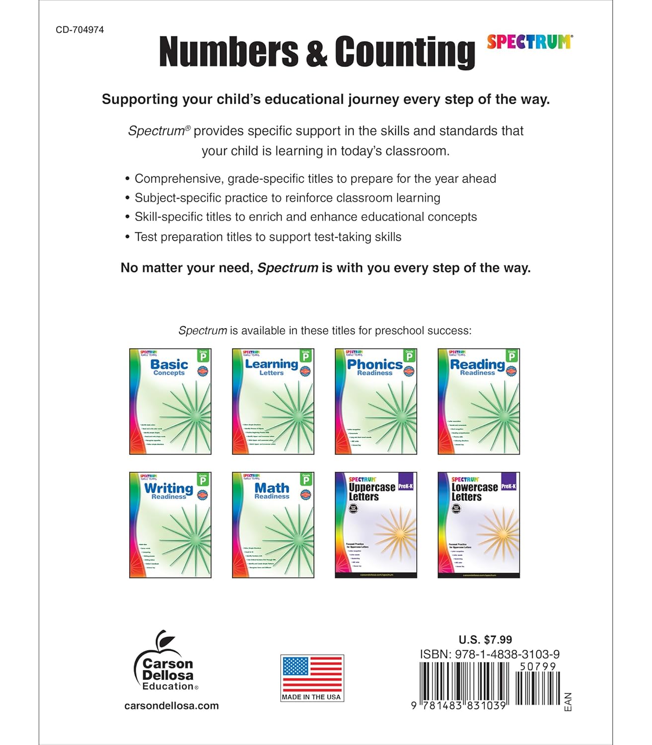 Spectrum Numbers and Counting Preschool to Kindergarten Workbooks, PreK to K Math Book for Kids Ages 4 and Up