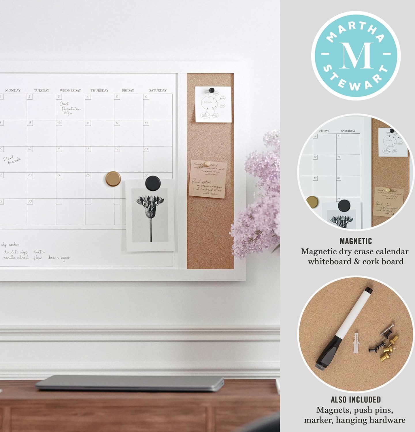 Martha Stewart Everette Magnetic Dry-Erase Monthly Calendar And Cork Board Combo, 18 x 24 in
